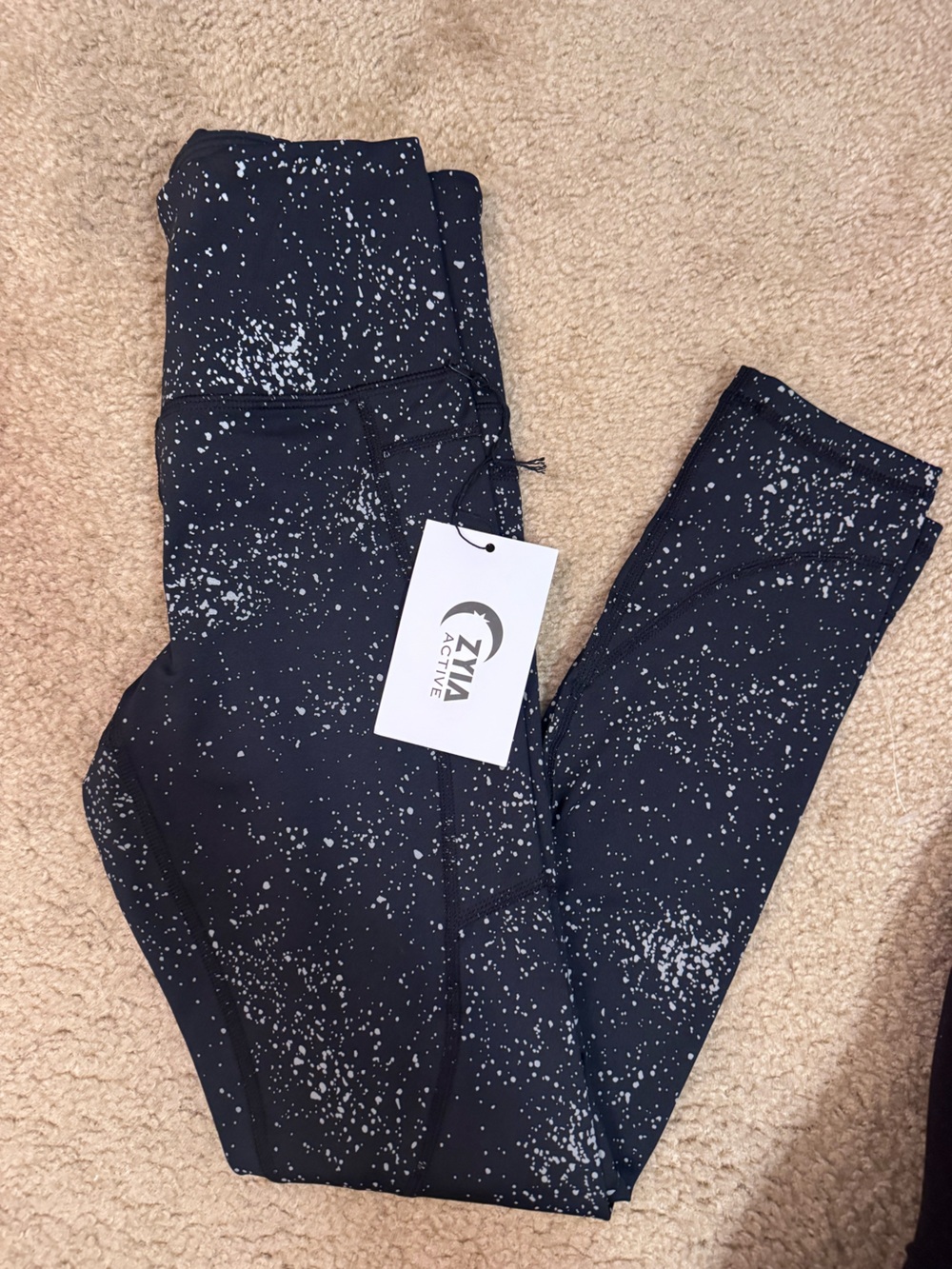 ZYIA Black Leggings with White Speckle Print